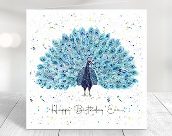 Personalised Peacock Birthday Card: Watercolour Rainbow Image