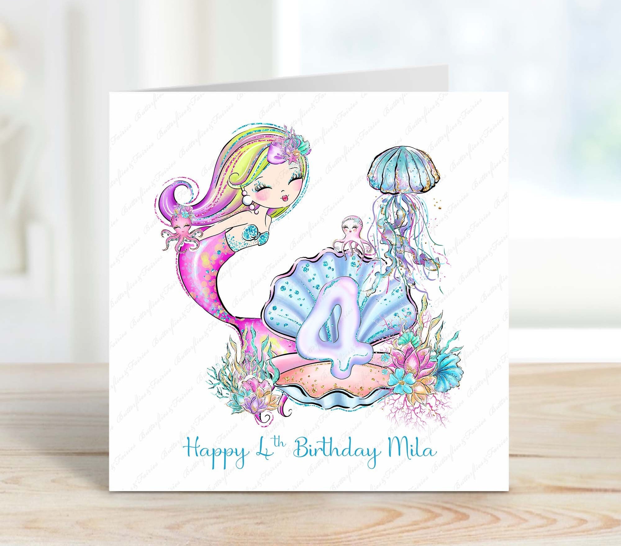 9th Birthday Card For Girls With Pastel Mermaids - Cute Mermaid Birthday Greeting Card