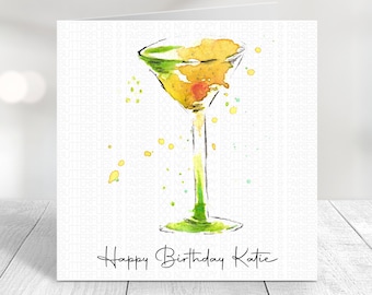 Personalised Cocktail Birthday Card, Cocktail Birthday Card for Her, Watercolour Card, Cocktail Gift for Her, Birthday Card for Friend