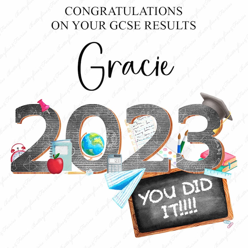 May include: A chalkboard with the year 2023 written on it in white chalk. The numbers are decorated with school supplies like a globe, a calculator, a pencil, a ruler, a book, an apple, a clock, and a graduation cap. The chalkboard also has the text "You Did It!!!" written on it. The text "Congratulations on your GCSE results Gracie" is written above the chalkboard.