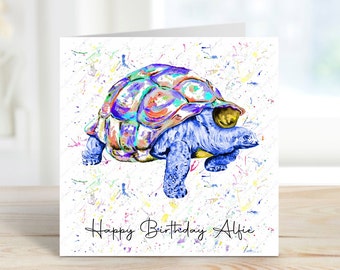 Personalised Tortoise Birthday Card: Watercolour Rainbow Design
