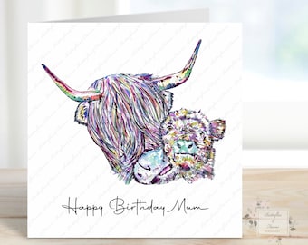 Personalised Highland Cow Birthday Card: Watercolour Calf Design