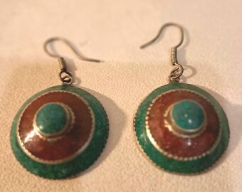 Sterling Silver Turquoise + Red Coral Earrings