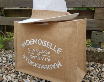 Personalized jute tote bag, mademoiselle at the beach, panama fedora style hat