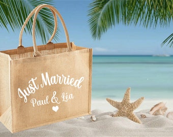 Personalized burlap tote bag, just married, wedding,