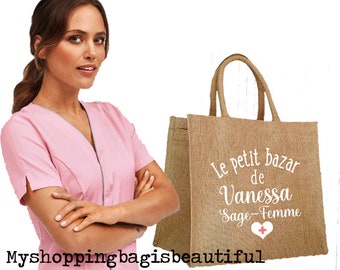 Sac cabas en toile de jute personnalisé, cadeau sage-femme, infirmière