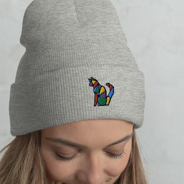 Cat Beanie, Embroidered Cat Hat, Cat Lover Gift, Origami Embroidered Beanie, Cute Kitten Winter Hat, Kitty Cap, Cat Mom/Owner Gift