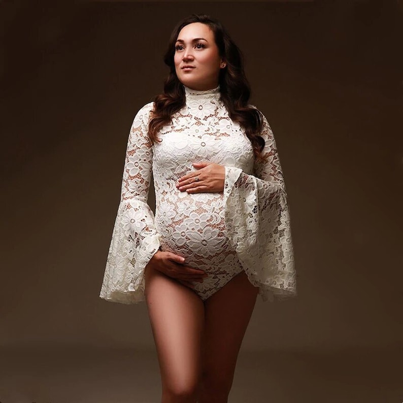 LACE MATERNITY BODYSUIT for Photoshoot | Boho Pregnancy Bodysuit Flared sleeve, Sexy Mom to Be Stretchy Maternity Lingerie, Jumpsuit 