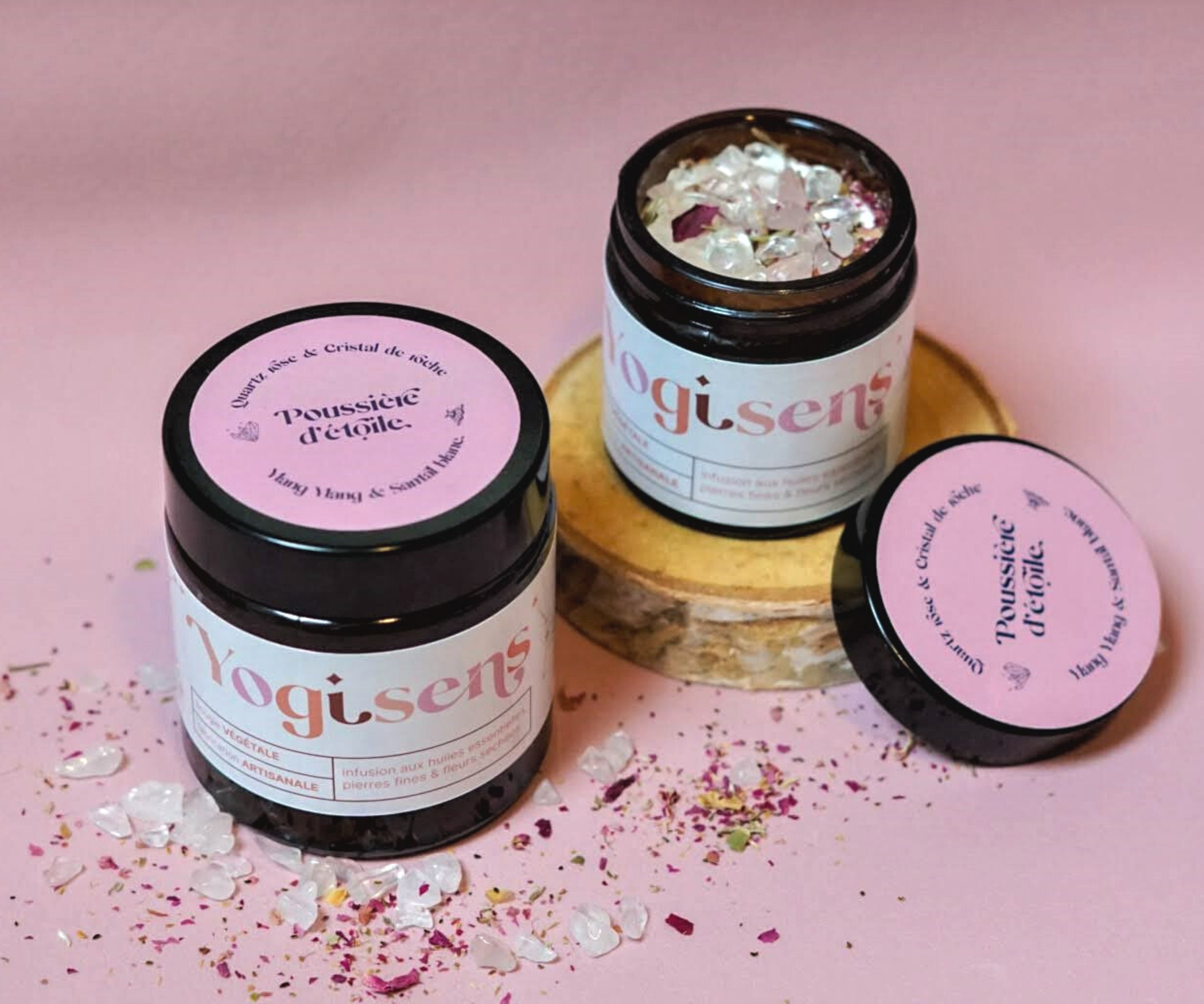 Bougie Végétale de Lithothérapie & Aromathérapie | Ylang Ylang, Santal Blanc, Quartz Rose et Cristal