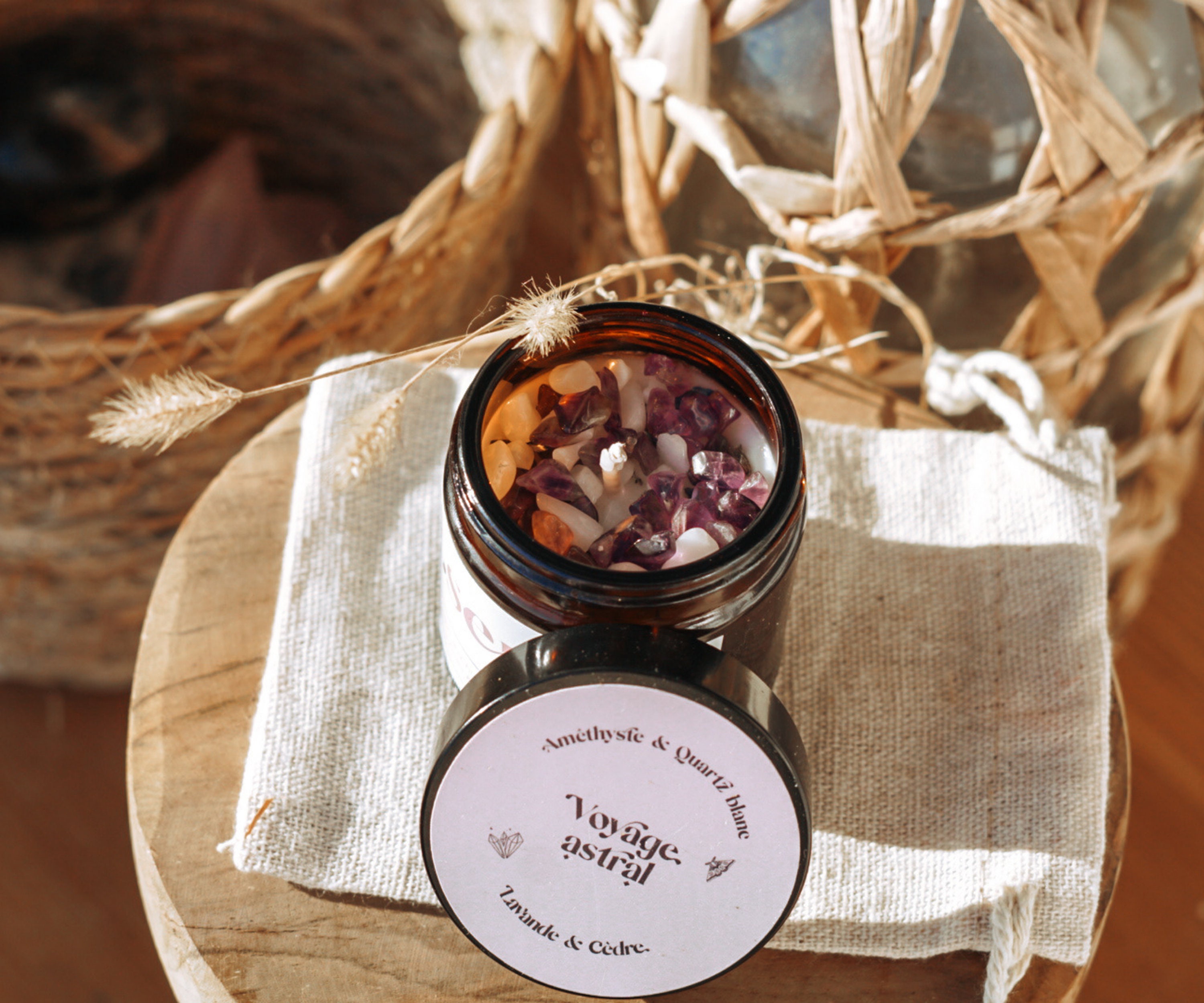 Bougie Végétale de Lithothérapie & Aromathérapie | Lavande, Cèdre, Améthyste et Quartz Neige