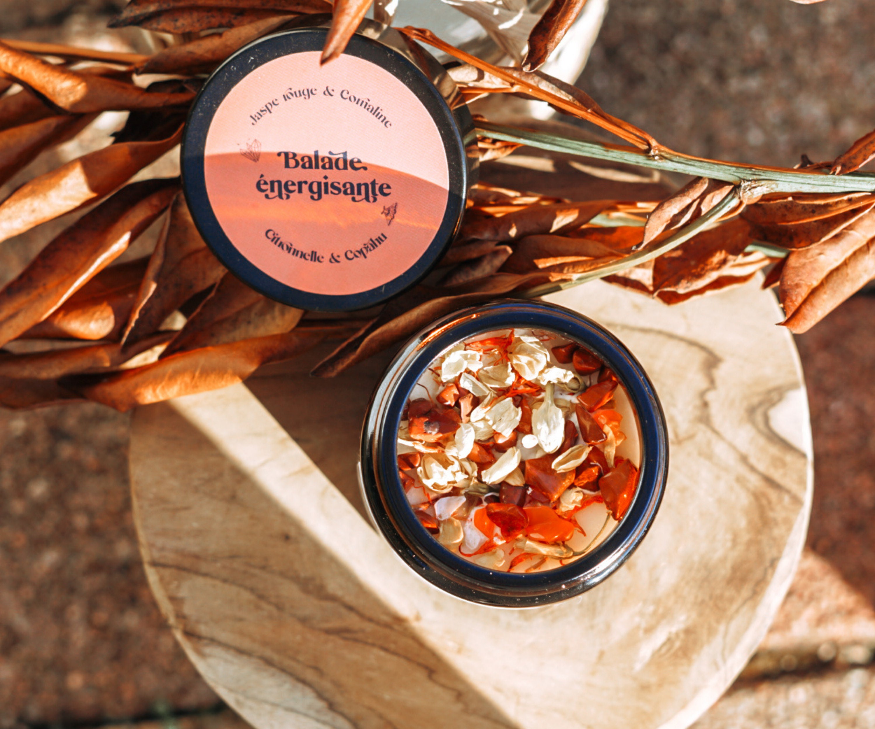 Bougie Végétale de Lithothérapie & Aromathérapie | Citronnelle, Copahu, Jaspe Rouge et Cornaline