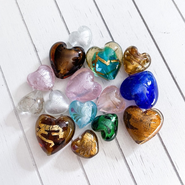 Lamp Work Czech Glass Foil Pressed Puffed Heart Shape Beads Assorted Sizes and Colors