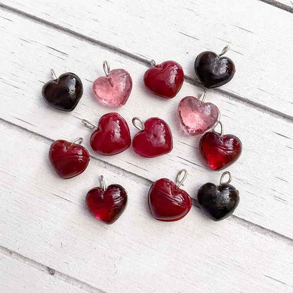 Glass Heart Shaped Charm Drops in Assorted Red/Pink Colors Size 10mm or 14mm