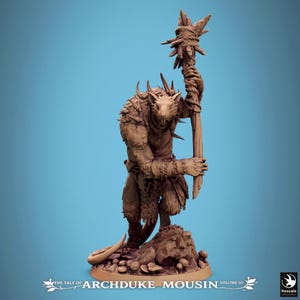 May include: A brown, unpainted resin miniature of a humanoid rat figure standing on a rocky base. The figure holds a tall, spiked wooden staff wrapped in rope, wears textured fur-like clothing, and has a long tail. Text reads: THE TALE OF ARCHDUKE MOUSIN VOLUME III.