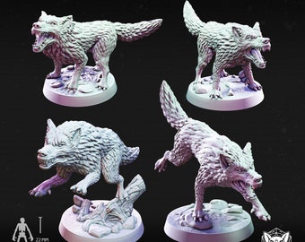 Wolf Rudel 4 Miniaturen für DnD, DSA, RPG Tabletop-Spiele, erhältlich als 28mm, 32mm und 36mm Figuren, Resin, passende 25mm Base