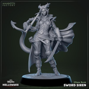 May include: A gray Sword Siren miniature figure, part of the Hellswake collection. The figure is posed with two swords and a curved weapon. The base is 25mm. The figure has horns and a cape.