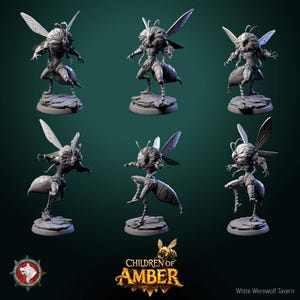 May include: Six grey miniature figurines of insect-like creatures with wings, standing on small platforms. The figurines have detailed features, including antennae and segmented bodies. The image includes the text "CHILDREN OF AMBER" and "White Werewolf Tavern".