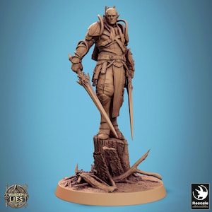 Maan Elf Sentinel Stand Tree - Miniatuur voor DnD, DSA, Pathfinder, RPG Tafelfiguur - Dubbel Zwaard - Bewaker van Leugens - Miniaturen op schaal