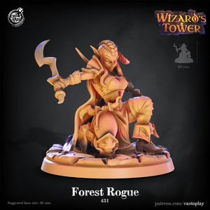 Könnte beinhalten: Detaillierte Figur eines Wald-Schurken, einer Fantasy-Figur, in einer dynamischen Pose. Die Figur ist mit Rüstung bekleidet und hält eine gebogene Klinge. Die empfohlene Basisgröße beträgt 35 mm. Der Text "Wizard's Tower" ist sichtbar.