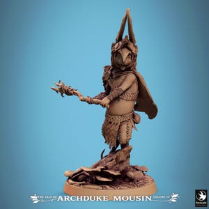 May include: A brown, unpainted resin miniature of a mouse-like creature wearing a woven skirt, a cape, and a tall, pointed headpiece. The figure holds a gnarled wooden staff and stands on a base decorated with mushrooms. Text reads: THE TALE OF ARCHDUKE MOUSIN VOLUME III.