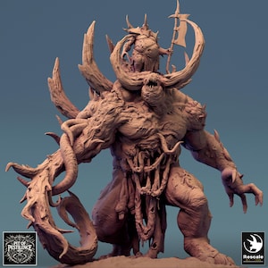 May include: A detailed, brown, monstrous figure with large horns, a grotesque face, and a weapon. The figure is posed in a dynamic stance, with intricate textures and details. The image includes the text "PIT OF PESTILENCE" and "Rescale".
