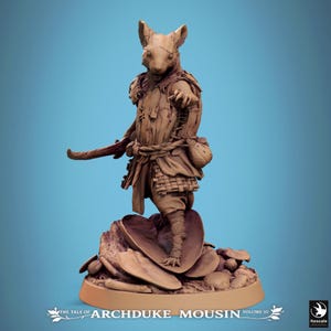 May include: A brown monochromatic miniature figurine of an anthropomorphic mouse warrior standing on a base of large mushrooms. The mouse wears textured layered clothing, a rope belt, and carries a curved blade. Text reads THE TALE OF ARCHDUKE MOUSIN.