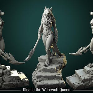 Peut inclure: Une figurine en gris sculptée d'une reine loup-garou tenant une lance. La figurine est debout sur une plateforme de pierre avec une surface texturée. La figurine porte un pagne et a une tête de loup avec de la fourrure. Le texte "Oleanna the Werewolf Queen" est écrit sous la figurine.