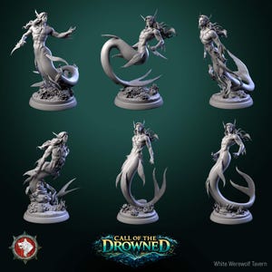 May include: Six grey resin statues of male mermaids in various poses. The mermaids have long hair and muscular builds, with flowing tails. Each statue is mounted on a base with aquatic details. The image includes the text "Call of the Drowned."