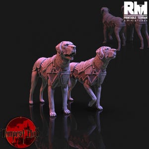 May include: 3D-printed miniature dogs wearing armor. The dogs are light gray and stand on a dark surface. The armor has a detailed, geometric design. The image includes the text "Printable Terrain & Miniatures" and "Tempest Hold".