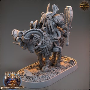 Dwarf Trazdak Darkbane on Fire Goat - Tabletop DnD Miniature - 28mm, 32mm with matching base - Deviant Dwarves of the Pandemonium