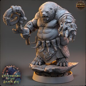 May include: A detailed, gray miniature figure of a bear-like creature, holding a large club. The figure has a fierce expression and is posed on a rocky base. The figure is wearing armor and has a fur-like texture.