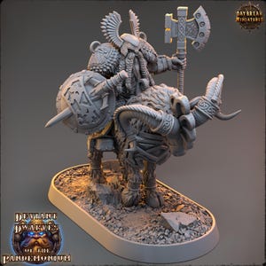 Dwarf Hellgo Drauper on Fire Goat - Tabletop DnD Miniature- 28 mm, 32 mm with base- Deviant Dwarves of the Pandemonium - Daybreak Miniatures
