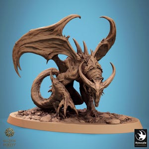 May include: A detailed brown dragon figurine with large wings, horns, and sharp claws. The dragon is posed on a rocky base, with the Bastion Purity and Rescale logos visible. The dragon's wings are spread, and its mouth is open.