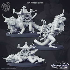 May include: A 3D-printed miniature of a mounted lizard from the Wizards' Guild Collection. The lizard is depicted with a saddle and a pagoda-style structure on its back. The image shows three different poses of the lizard.