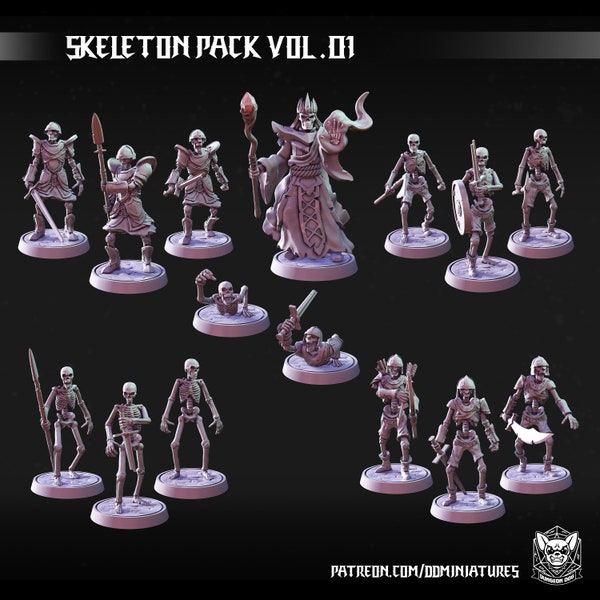 Skelett-Armee - Untote Horde mit 15 Figuren erhältlich als 28mm, 32mm und 36mm Miniaturen,  25mm Base, für DnD, DSA, RPG Tabletop-Spiele