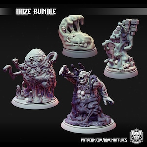 以下が含まれることがあります： テーブルトップロールプレイングゲーム用の、4つのオーズをテーマにしたミニチュアのセットです。ミニチュアはグレーのプラスチック製で、複数の目を持つブロブ、中に頭蓋骨が閉じ込められたクリーチャー、中に壁が閉じ込められたクリーチャー、中にオークが閉じ込められたクリーチャーなど、さまざまなオーズのクリーチャーが特徴です。