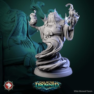 May include: A white figurine of a robed figure with a long beard, holding two flame-like objects. The figure has a large head and is standing on a round base. The image includes the text "CALL OF THE DROWNED".