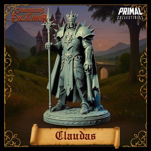May include: A detailed statue of King Claudas from the Chronicles of Excalibur. The figure is clad in armor, holding a staff and a skull-topped mace. The statue is a light teal color, with a castle and landscape in the background.