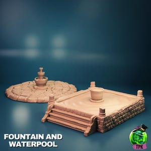 May include: A miniature stone fountain and water pool set for tabletop gaming. The fountain features a round basin with a central spout and is surrounded by a circular stone base. The water pool is a square structure with a raised platform and steps leading up to it. Both structures are made of a light brown material.
