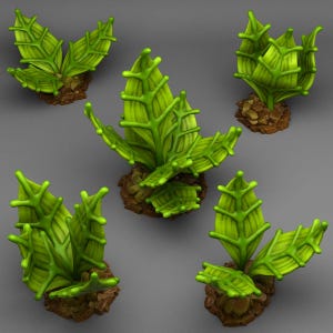 Op de afbeelding: Vijf gestileerde groene planten met gedetailleerde bladstructuren en bruine, rotsachtige bases zijn gerangschikt tegen een grijze achtergrond. De planten hebben een levendige, cartoonachtige uitstraling, met prominente nerven en getextureerde bladranden.