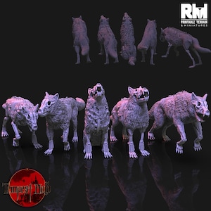 May include: A set of six 3D printed skeletal wolf miniatures. The wolves are in various poses, including standing, howling, and running. The miniatures are made of a light gray plastic and have a detailed skeletal structure.