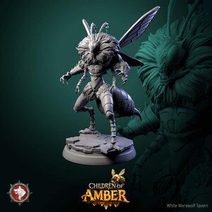 May include: A grey miniature figure of a humanoid insect creature with wings, antennae, and a segmented abdomen. The figure is posed on a small, textured base. The "Children of Amber" logo is visible.
