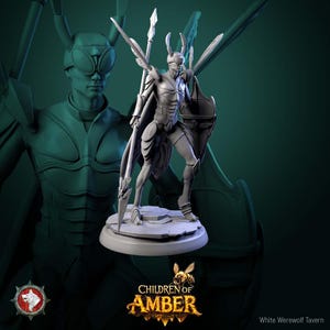 May include: A detailed, grey figurine of a humanoid insect warrior, holding a spear and shield. The figure has insect-like features, including large eyes and antennae. The base of the figurine has the text "CHILDREN OF AMBER".