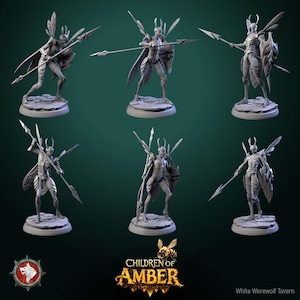 May include: Six grey fantasy figurines of a humanoid creature with insect-like wings, holding spears and shields. The figures are on a rocky base. The logo for "Children of Amber" is at the bottom, with "White Werewolf Tavern" text.