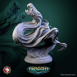 May include: A white sculpture of a creature with a flowing, wave-like form. The sculpture has a detailed, textured surface and is mounted on a round base. The text "CALL OF THE DROWNED" is visible.