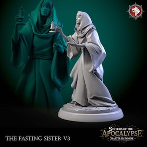 Könnte beinhalten: Eine graue Harz-Miniaturfigur mit dem Titel The Fasting Sister V3 aus Sisters of the Apocalypse Chapter III: Famine. Die Figur zeigt eine kapuzentragende Person in fließenden Gewändern, die einen kleinen Kelch auf einem runden Sockel hält.