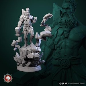 May include: A grey miniature figurine of a bearded warrior standing on a rocky base, holding a large hammer. The figure features stone-like textures on the right side of the body and clothing, with a circular belt buckle and floating rock fragments.