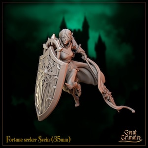 Könnte beinhalten: Eine detaillierte 3D-gedruckte Figur einer Kriegerin, die einen Schild und einen fließenden Umhang hält. Der Schild weist ein kompliziertes Design auf. Die Figur ist etwa 3,5 cm groß. Der Text "Fortune seeker Svein (35mm)" und "Great Grimoire" sind sichtbar.