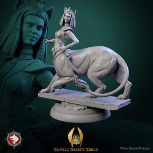 May include: A grey sculpture of a sphinx-like figure, with a woman's upper body and a lion's lower body. The woman wears a headdress and armour. The sculpture is on a rectangular base. The words "Cursed Desert Sands" are at the bottom.