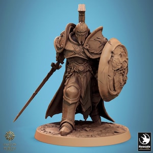 May include: A detailed figurine of a warrior in full armor, holding a sword and shield. The figure is in a standing pose, with a helmet and cape. The shield features a relief design. The base has the text "Bastion Purity" and "Rescale".